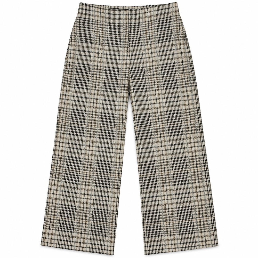 H&M Women Beige Black Plaid Wide Leg Pull On Trousers Glen Check Pants XS